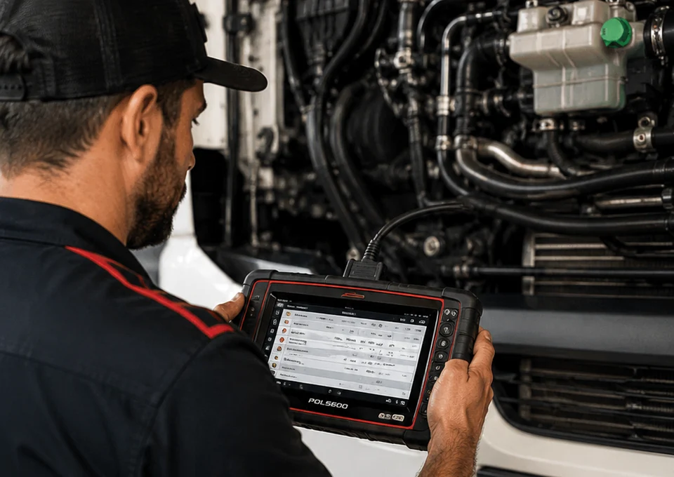 Técnico realizando diagnóstico eletrônico com scanner em caminhão de linha pesada